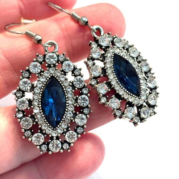 Dressy pierced earrings clear crystals & blue rhinestones silver drop dangles - Picture 3 of 6